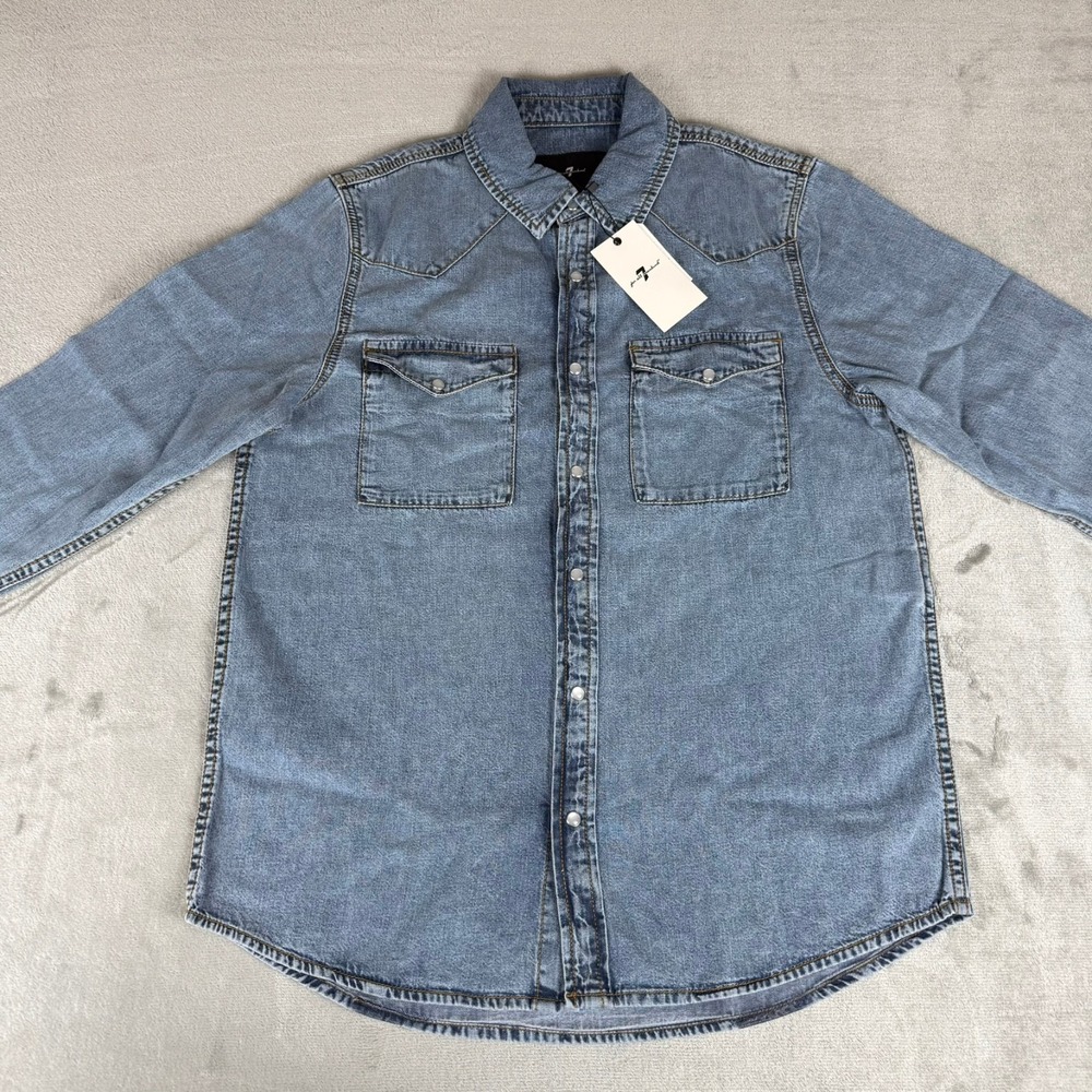 7 For All Mankind Western Denim Shirt Men Medium Blue Pearl Snap Flap Pocket NWT - Picture 2 of 6